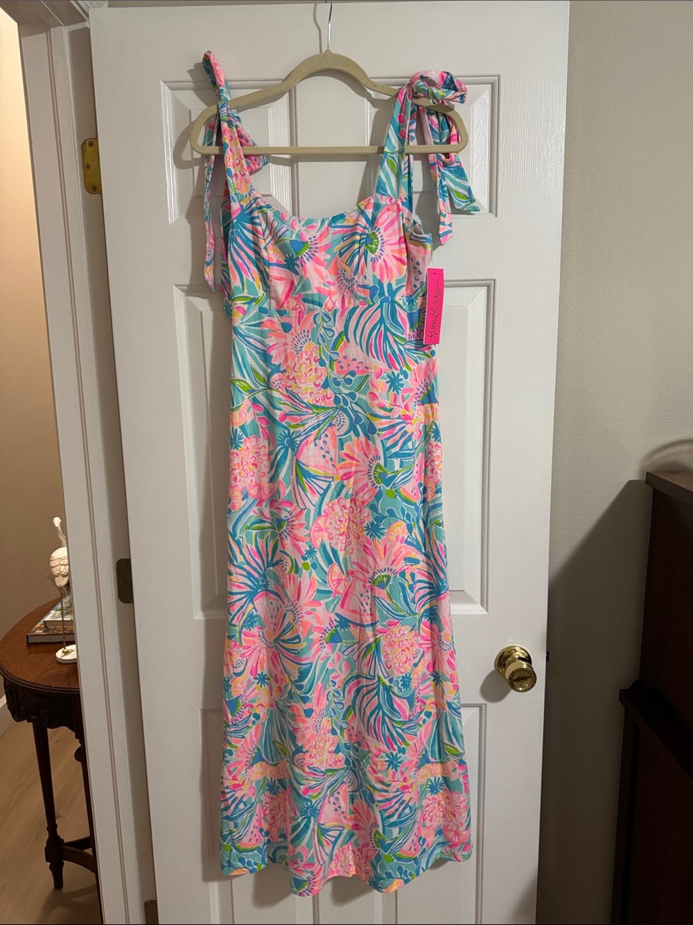 Lilly Pulitzer Pink & Teal Tropical Tie-Shoulder Maxi Dress